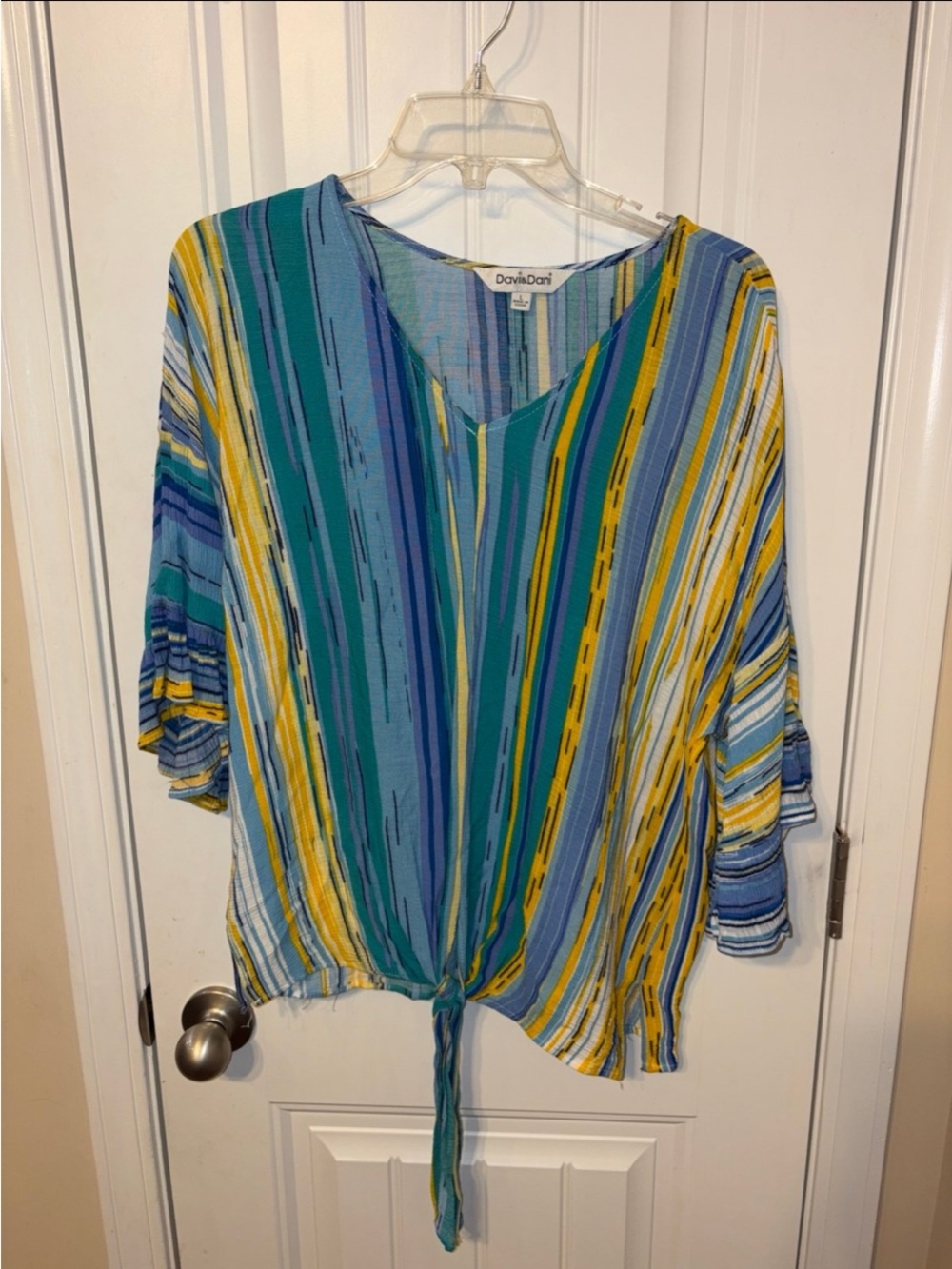 NWOT DAVI & DANI Striped Tie-Front Blouse in Teal, Blue & Yellow